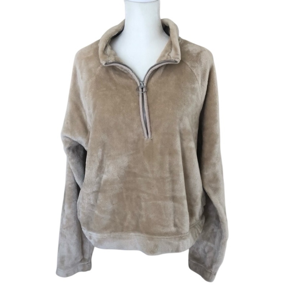Hollister Tan Soft Fuzzy Faux Fur Fleece Quarter Zip Up Long Sleeve Sweater
